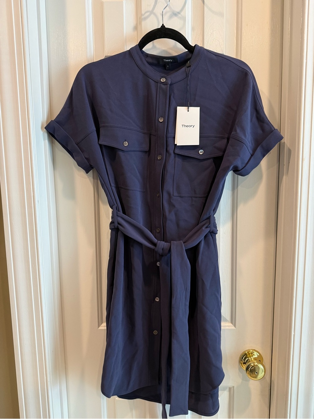 Theory Navy Short-Sleeve Button Shirt Dress with Tie Waist - New with Tags